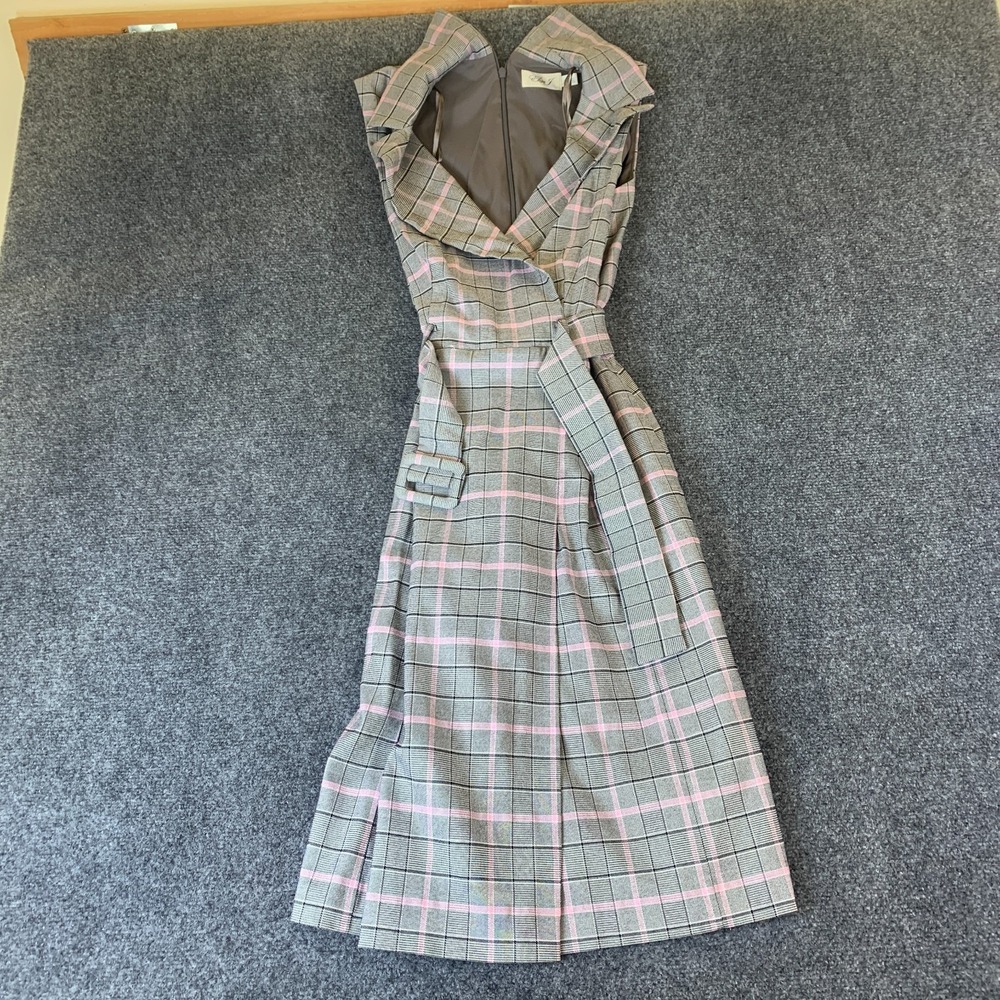 Eliza J Sheath Dress Womens 6 Gray Glen Plaid Stretch Belted Sleeveless Back Zip